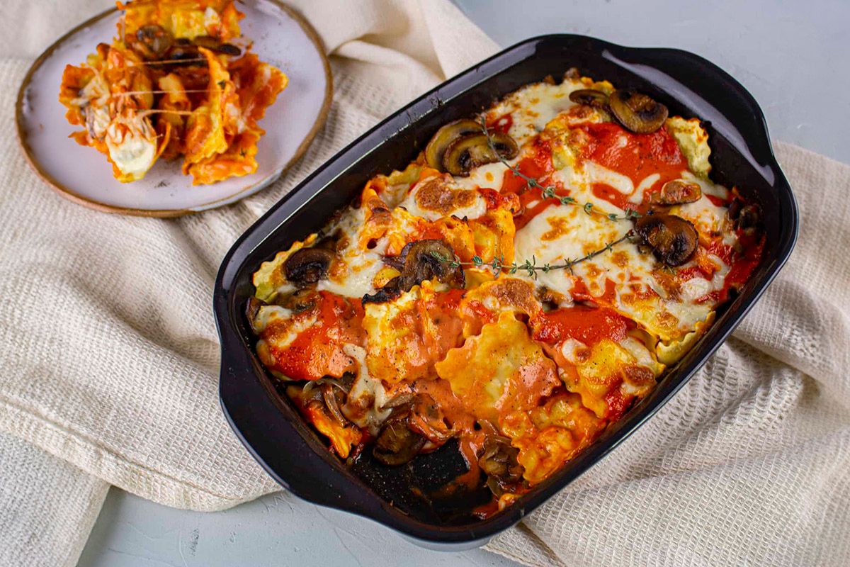 Gratin de Ravioles aux Girolles & Sauce Aurore