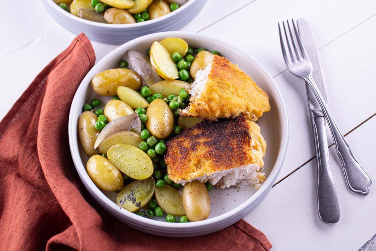 Poisson Pané Maison Pommes de terre et Petits Pois