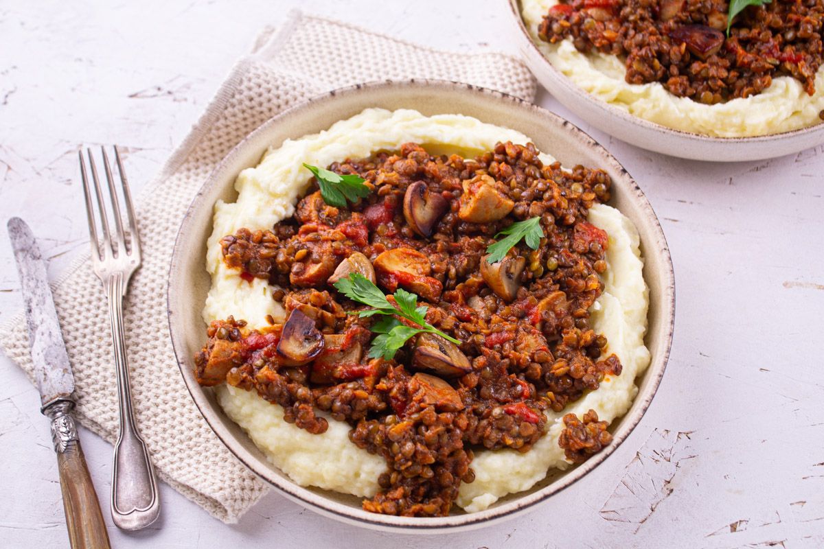 Purée et Lentilles Mijotées aux Champignons