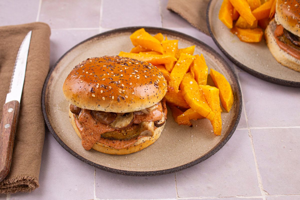 Burger Vegan aux Champignons & Frites de Courge