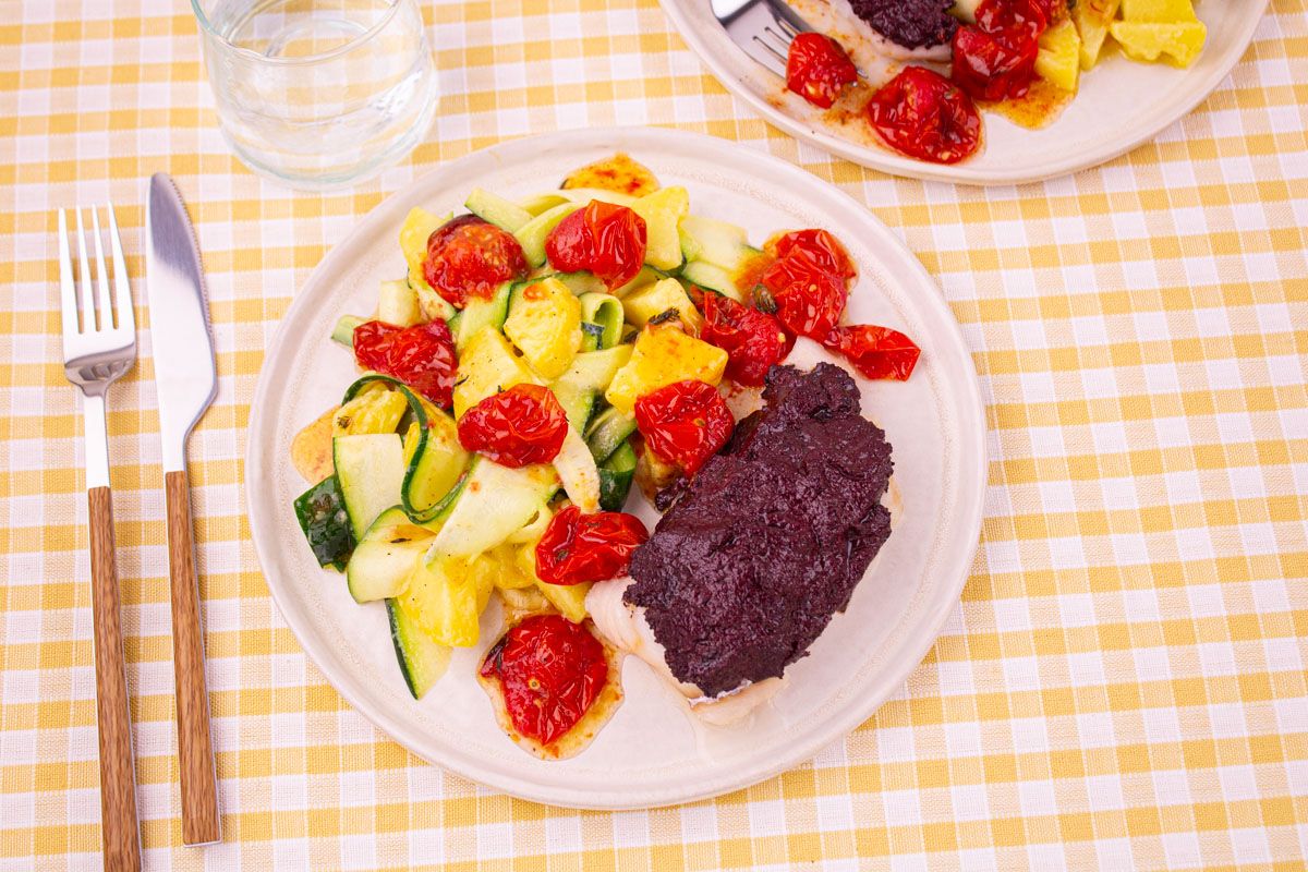 Poisson à la Tapenade Tomates Rôties et Papardelle de Courgette
