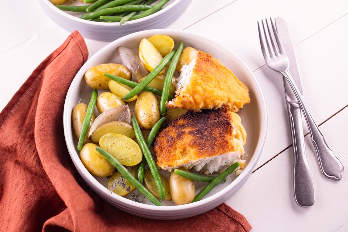 Poisson Pané Maison Pommes de terre et Haricots Verts