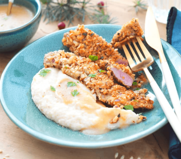 Aiguillettes de Canard Panées aux Noisettes, Purée de Céleri et Sauce au Cidre