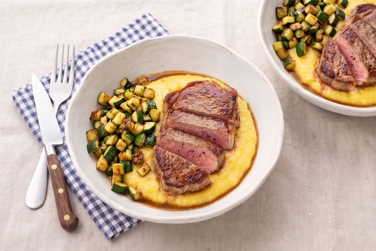 Entrecôte de Veau Poêlée Polenta Crémeuse à la Courgette